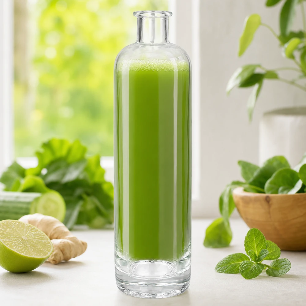 500 ml glasflaske »Ella« uden lukning UNiTWIST® 500ml Glasflasche Ella UNiTWIST mit grünem Smoothie gefüllt zwischen frischen Kräutern Ingwer und Limette Wellness-Ambie