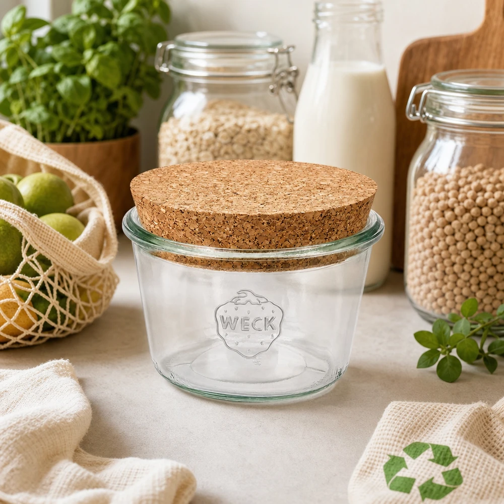 370 ml Briller WECK RR100 med kork natur WECK RR100 370 ml murerbalje med korklåg i bæredygtigt zero-waste-køkken med opbevaringskrukker og økologiske produkter