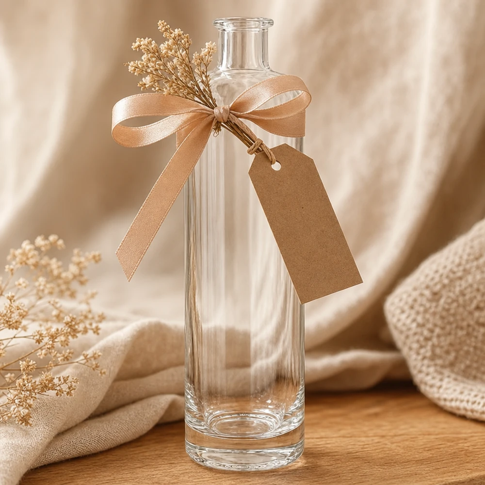 500 ml glasflaske »Ella« uden lukning UNiTWIST® 500 ml glasflaske Ella UNiTWIST som gave dekoreret med satinbånd vedhæng tørrede blomster dekoration styling