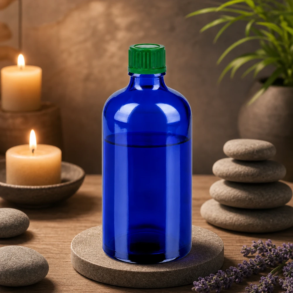 Kompakt 100 ml glasflaske i elegant blå med praktisk grønt skruelåg