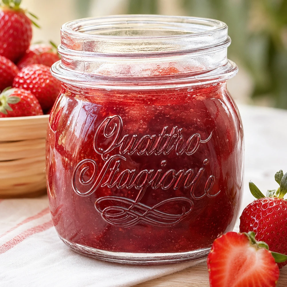 250 ml husholdningsglas "Quattro Stagioni" 250 ml Quattro Stagioni husholdningsglas fyldt med jordbærmarmelade ved siden af friske jordbær på træbord