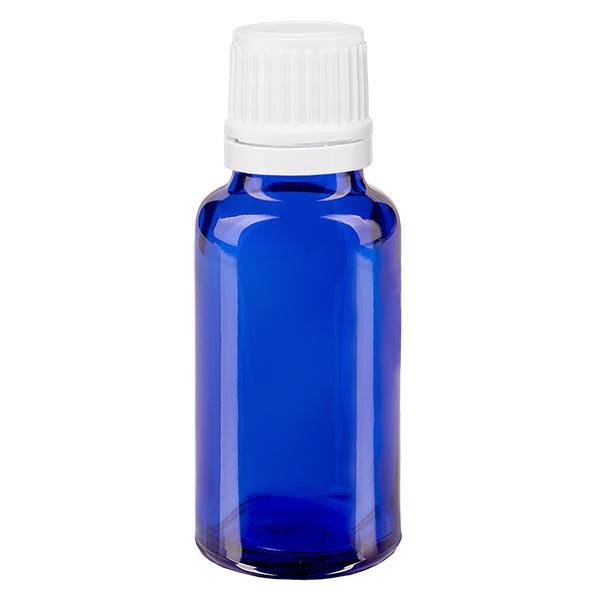 Apoteksflaske blå 20 ml skruelåg hvid OV Apoteksflaske blå 20 ml skruelåg hvid OV