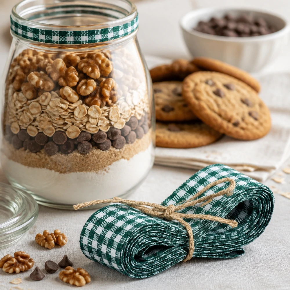 Stoffbånd i grøn/hvid til dekoration, 300 cm Grønt og hvidt stofbånd 300 cm til bagemix i krukke DIY-gaver dekoreret med nødder, småkager og kaffebønner