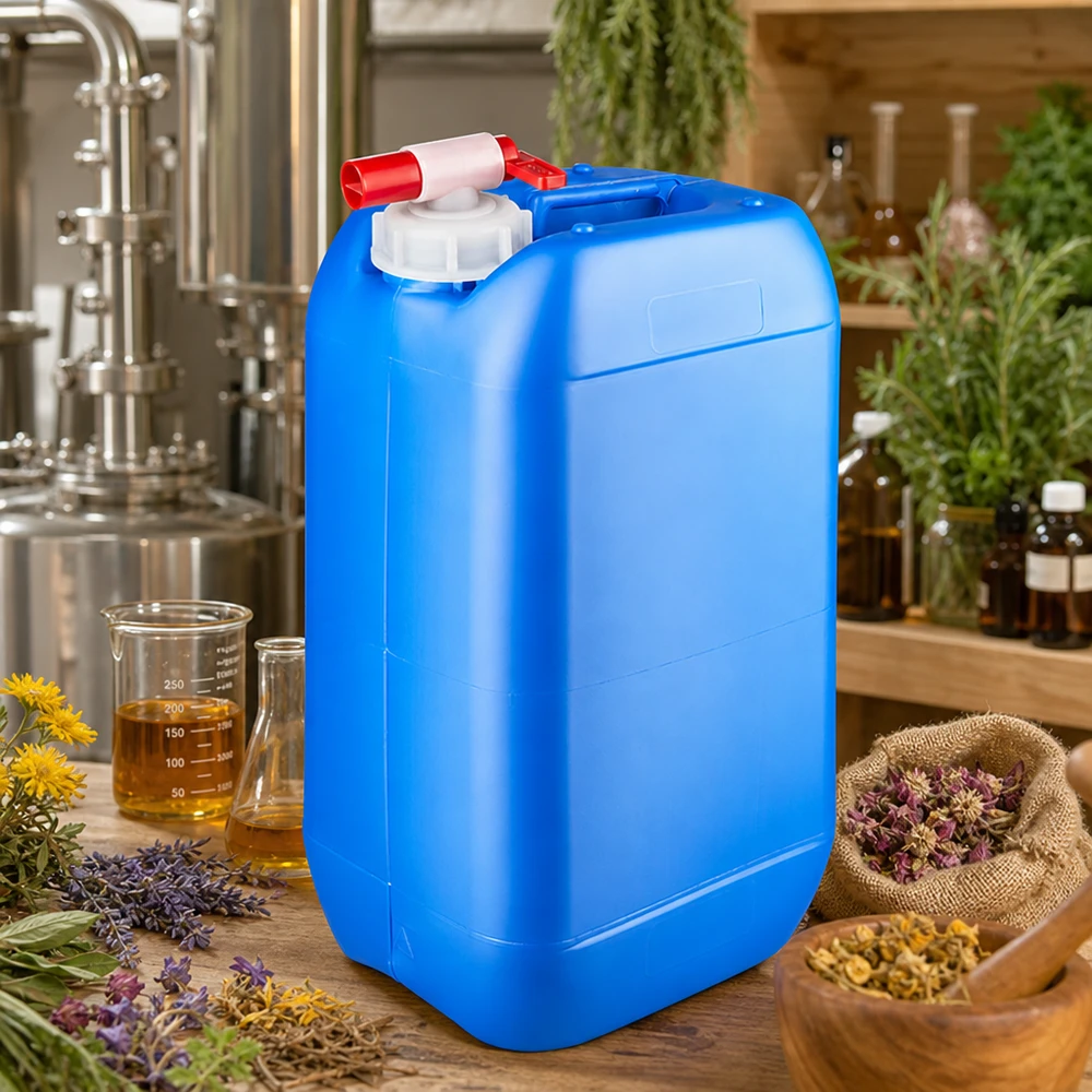 15 liters blå dunk med taphane Blå plastdunk på 15 liter med udløbshane omgivet af urter og æteriske olier