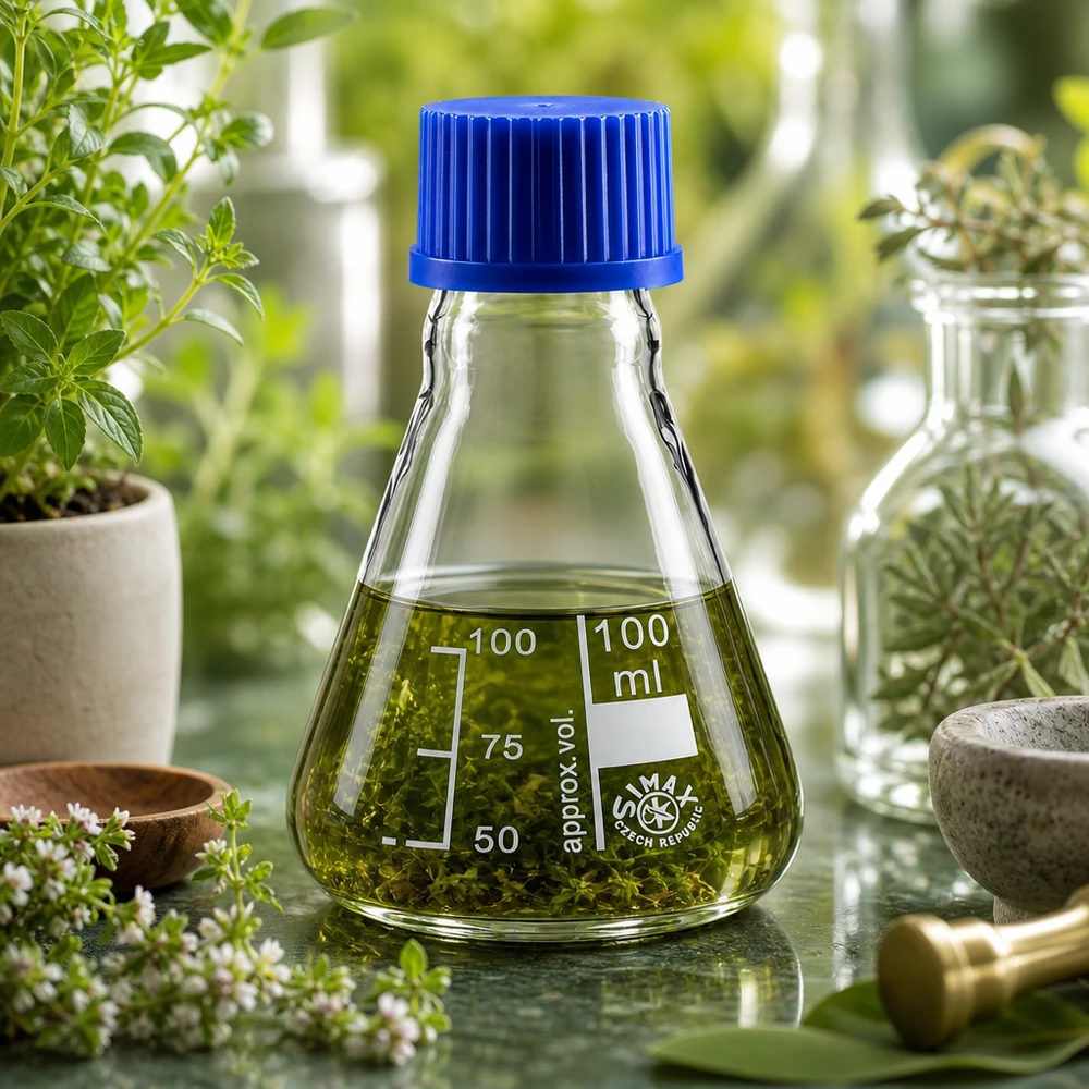 Erlenmeyer-kolbe 100 ml med skruelåg Erlenmeyer-kolbe 100 ml med blå hætte, ideel til planteekstrakter og botaniske anvendelser