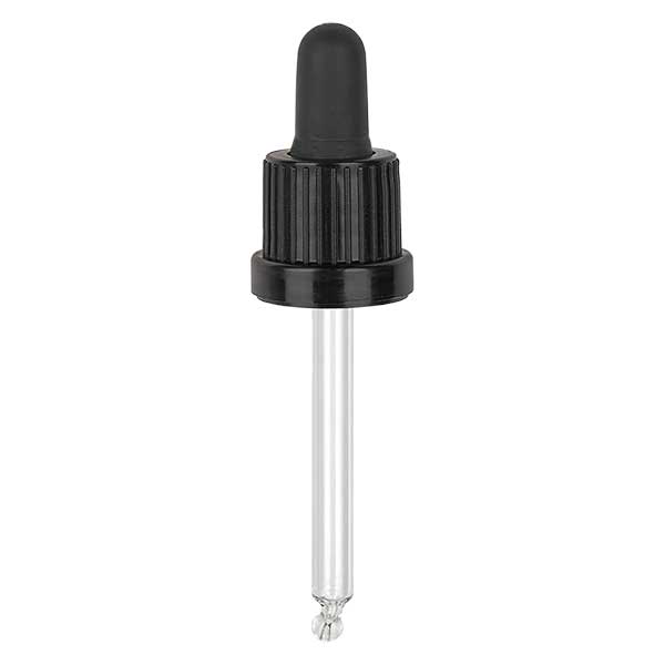 Pipettehætte sort DIN18, 61 mm pipettelængde med tamper-evident ring. Alkoholtæt. Til ApoGlas® 15ml Brown(+++) & 10ml Mironglas(+++) med 18mm gevind.