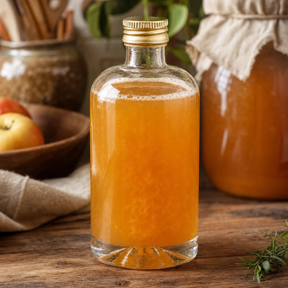 40 ml glasflaske »Sara« med skruelåg i guld UNiTWIST® 40 ml Sara-glasflaske med orangefarvet indhold og guld UNiTWIST-låg på et rustikt træbord med æbler