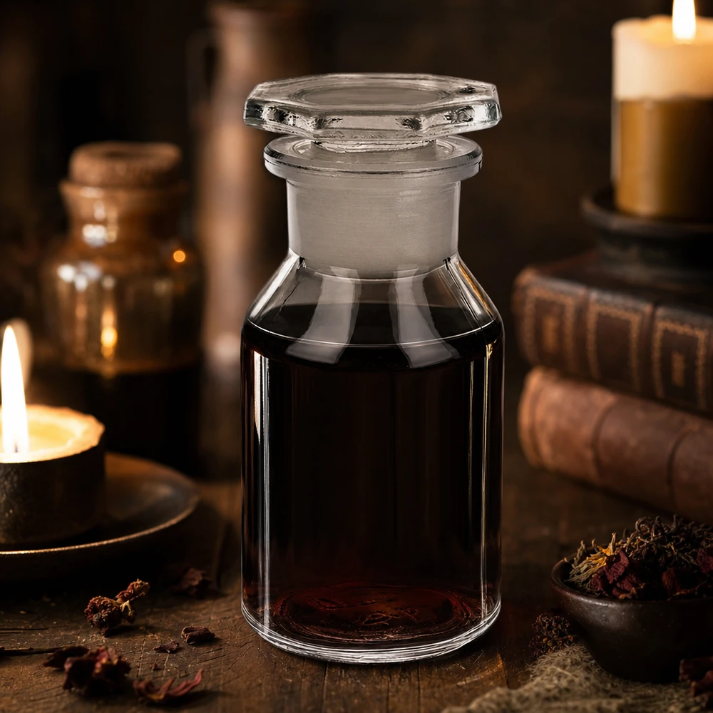 Steep neck-flaske 50 ml klar glasprop med bred hals Flaske med skrå bryst, 50 ml, klar, med ottekantet glasprop i vintage-stil, som man typisk ser på apoteker