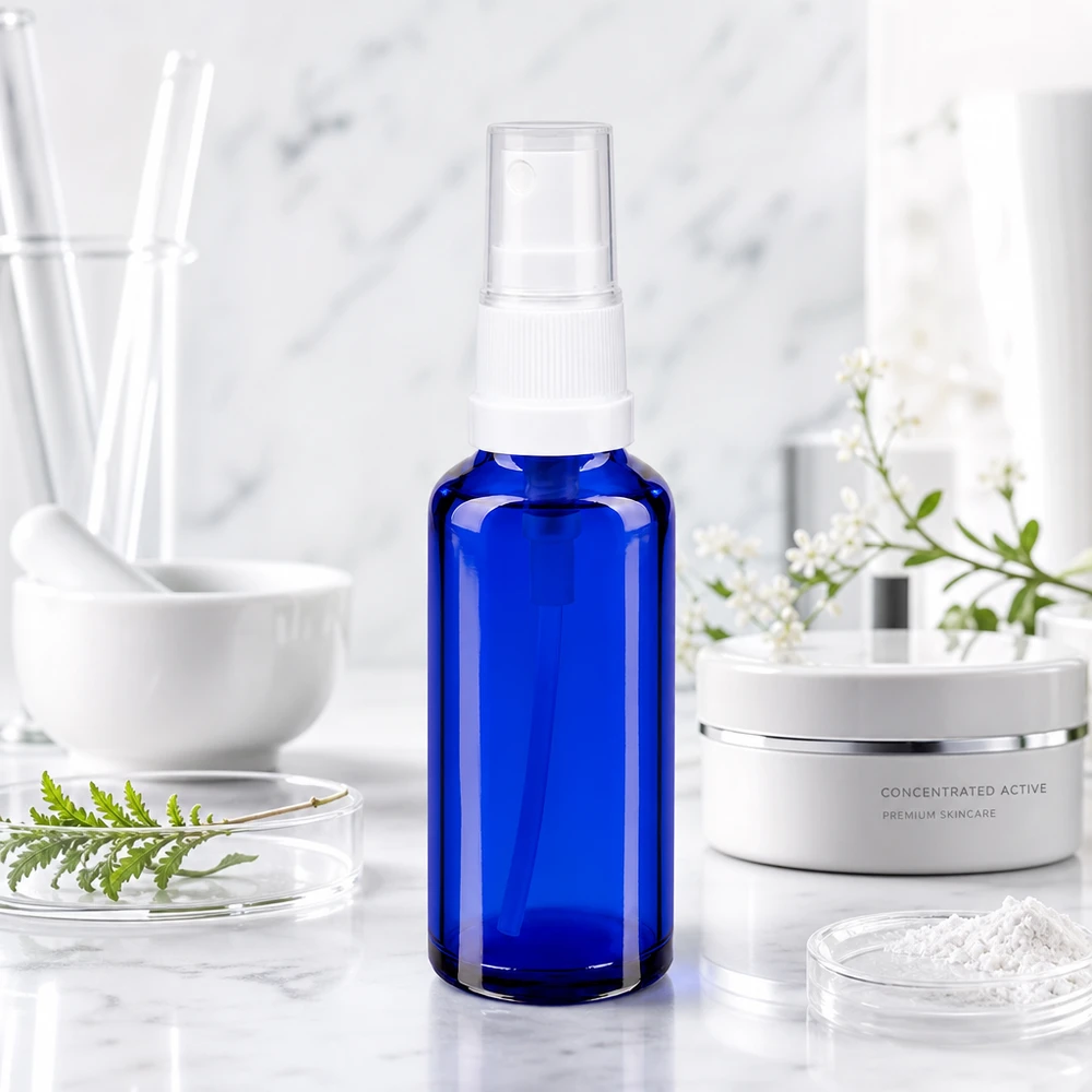 Koboltblå 30 ml apotekerglas-sprayflaske med hvid forstøver i et laboratorie-inspireret hudplejemiljø