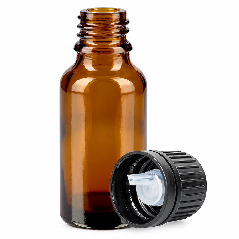20 ml dråbeflaske 1 mm sort OV BrownLine UT18/20 Lille 20 ml dråbeflaske lavet af ravfarvet glas med præcis 1 mm dråbeindsats til nøjagtig dosering