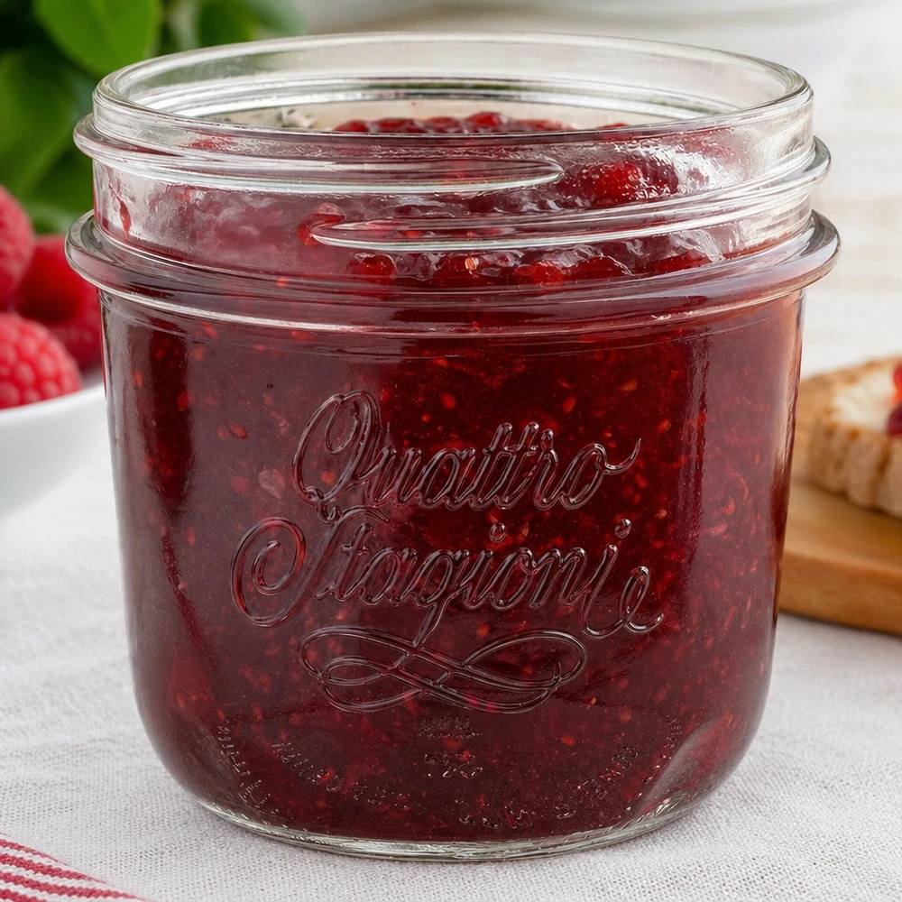 200 ml "Quattro Stagioni"-smykkeglas Quattro Stagioni 200ml Einmachglas mit roter Marmelade gefüllt - perfekt für hausgemachte Konfitüren und Aufstriche