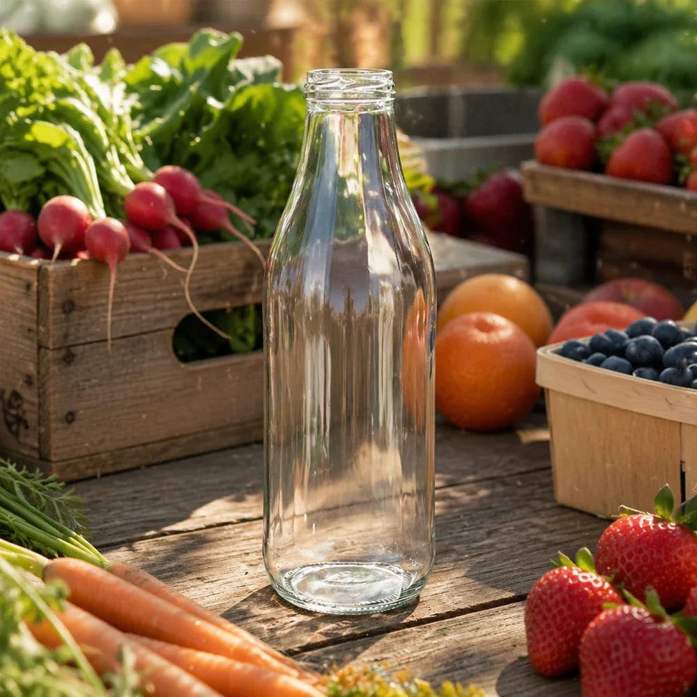 1000 ml glasflaske uden låg (TO48) UNiTWIST. Absolut lækagesikker med stor åbning. Til mælk, juice og limonade. Kræver TO48-låg 1000 ml UNiTWIST glasflaske TO48 tom på træbord med frisk frugt og grøntsager Udendørs landskab naturlook