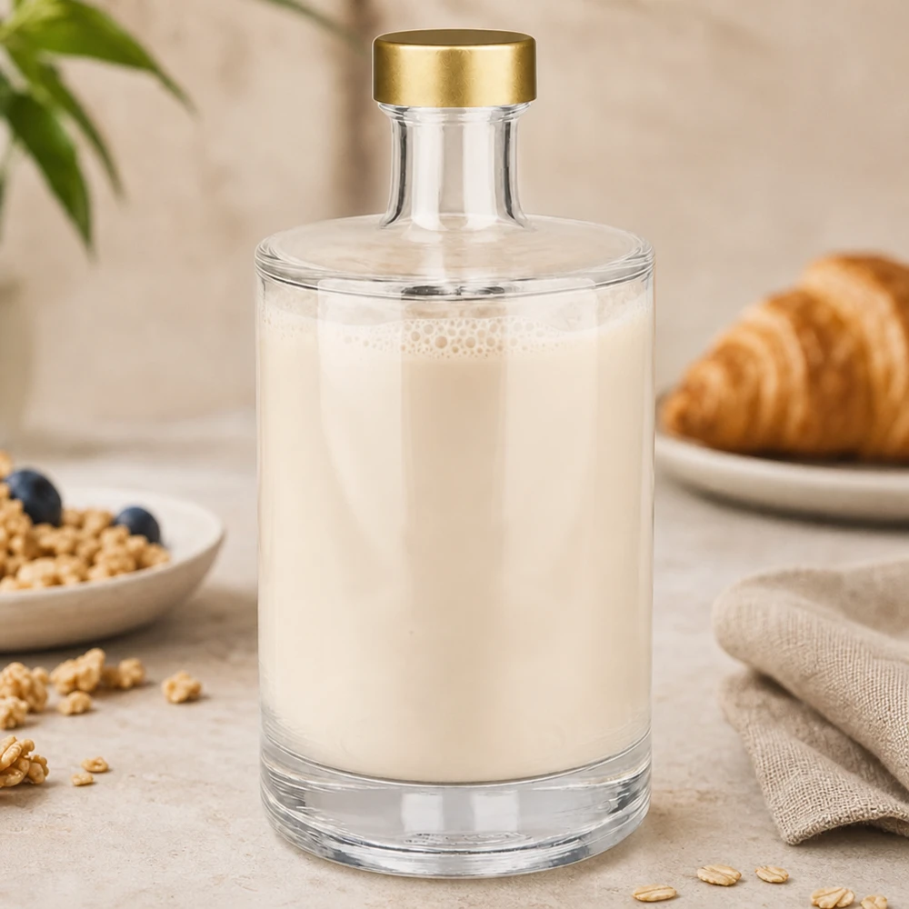 500 ml glasflaske »Sam« + skruelåg guld UNiTWIST® 500 ml glasflaske Sam fyldt med hvid mælk gyldent UNiTWIST-låg Morgenmadsstemning Croissanter Nødder