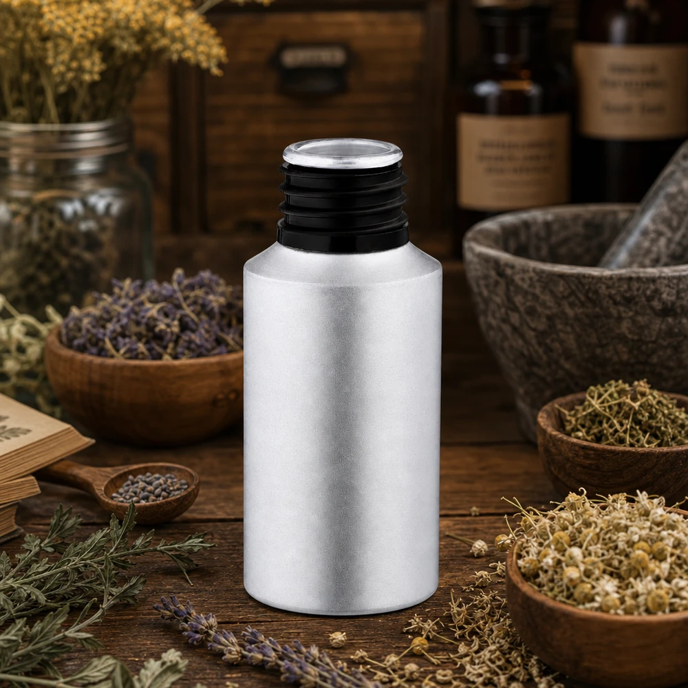 30 ml farvet aluminiumsflaske Robust 30 ml flaske i bejdset aluminium med bred hals til nem påfyldning af tinkturer og ekstrakter