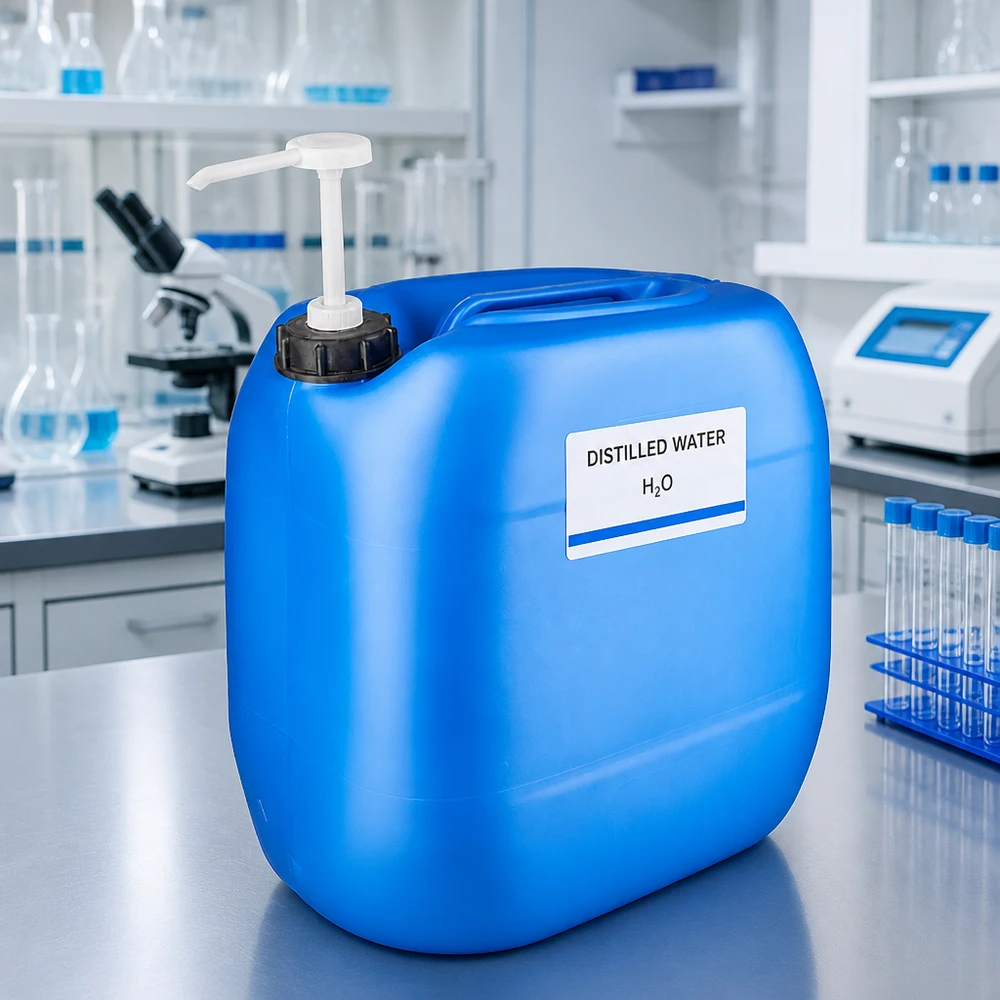 30 liters blå dunk med doseringspumpe Laboratoriebeholder, 30 liter, blå, med doseringspumpe til destilleret vand (H₂O)