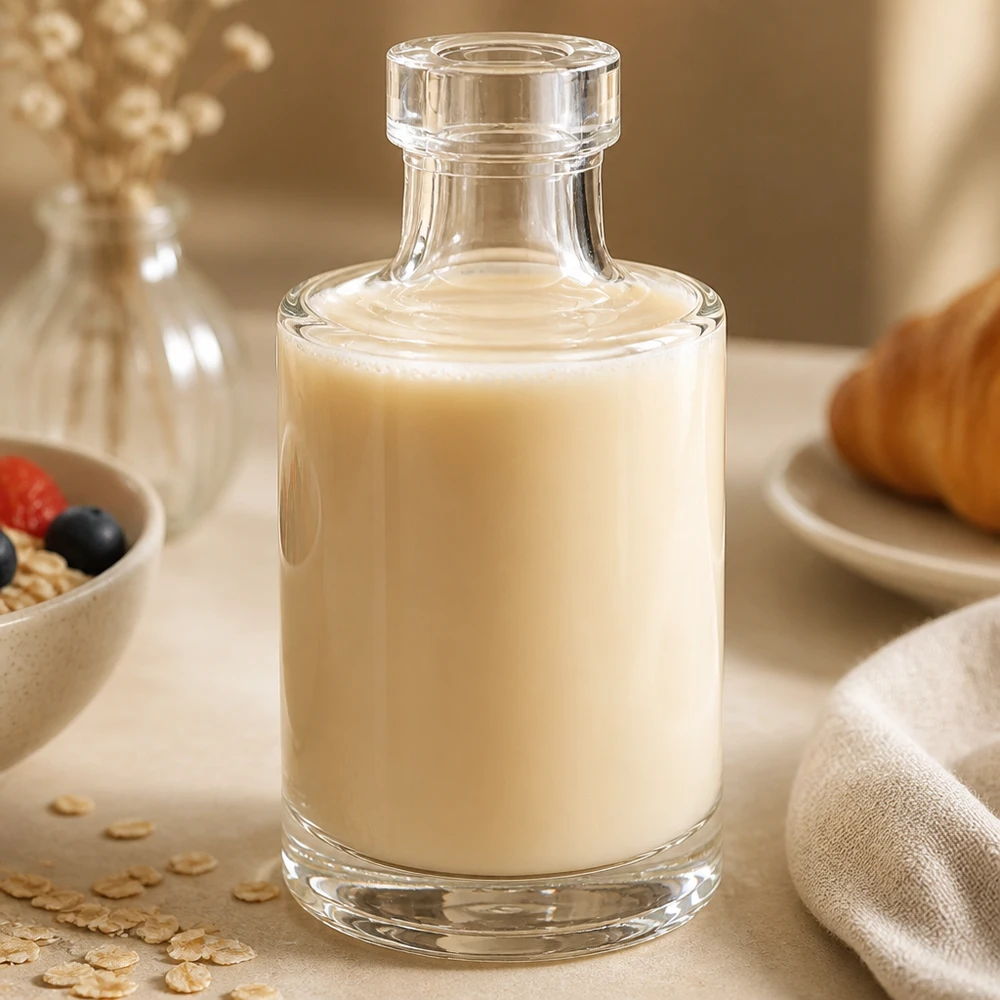 100 ml glasflaske »Marie« uden lukning UNiTWIST® 100 ml Marie-glasflaske med cremet indhold i en stilfuld køkkenindretning med müsli og havreflager som dekoration