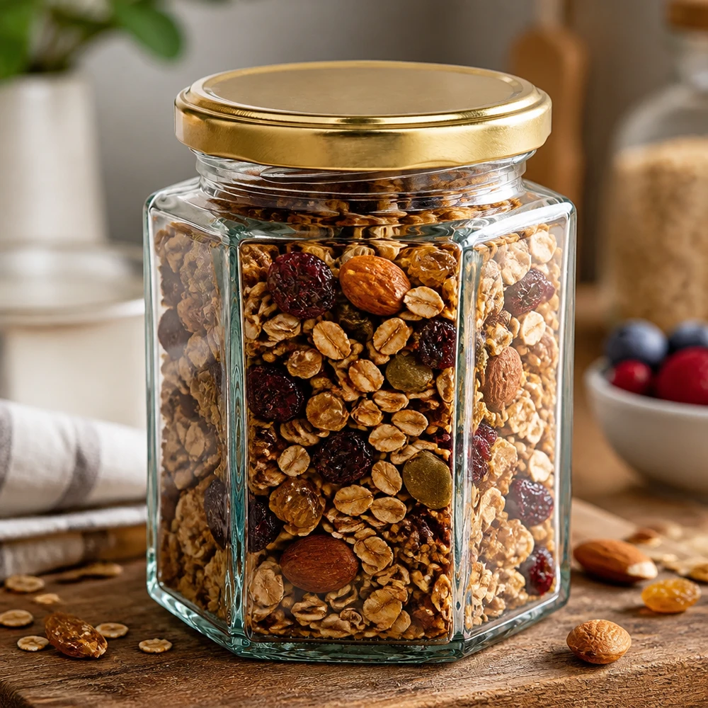 191 ml Hexaglas UNiTWIST med gyldent BasicSeal-låg, fyldt med granola og tørret frugt