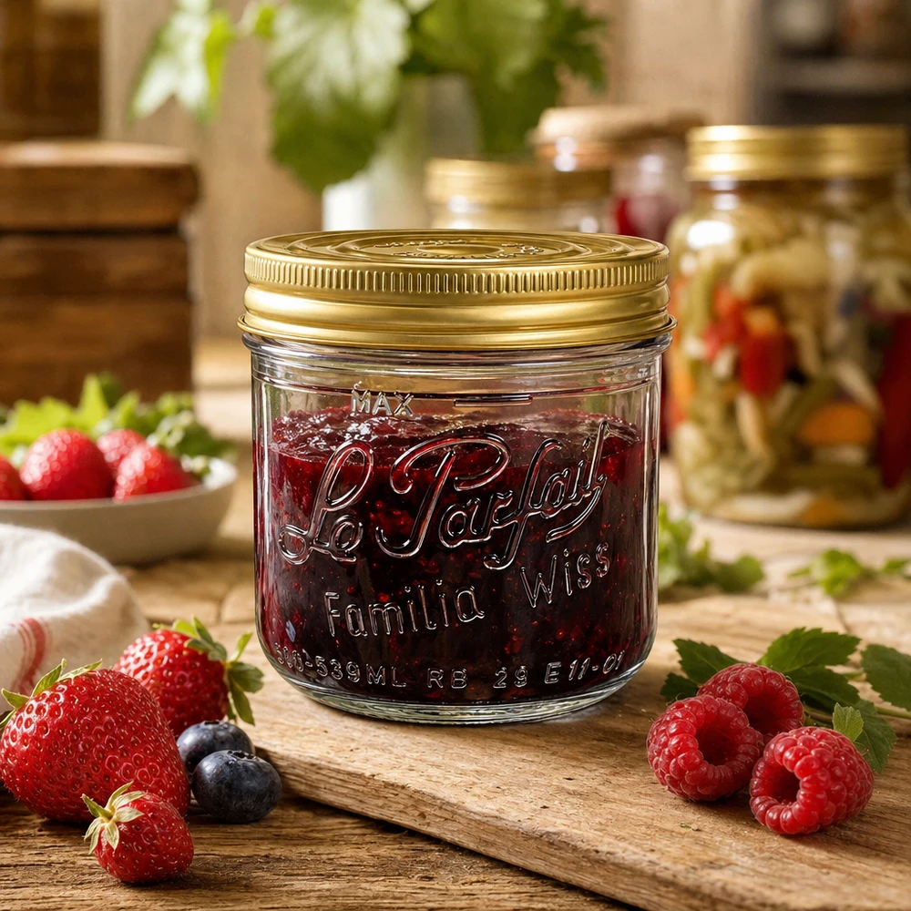 Le Parfait® Familia Wiss 500 g Ø100 mm glas Familia Wiss 539 ml murerbalje med guldskruelåg på træplade med jordbær, hindbær og marmelade