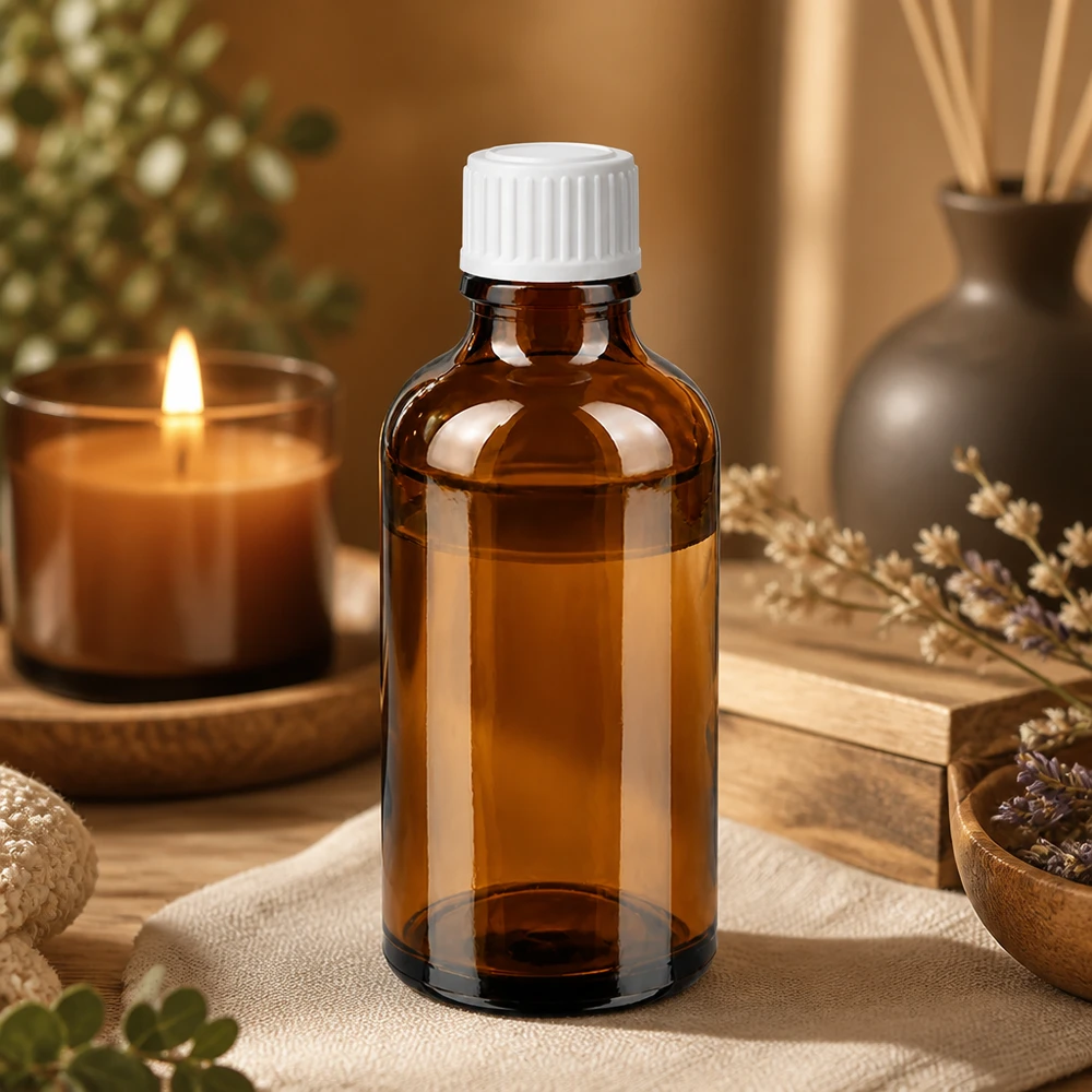Apoteksflaske brun 50ml dråbetæller hvid 0,8mm stk. 50 ml brun glasflaske med hvid doseringsprop til æteriske olier og aromaterapi