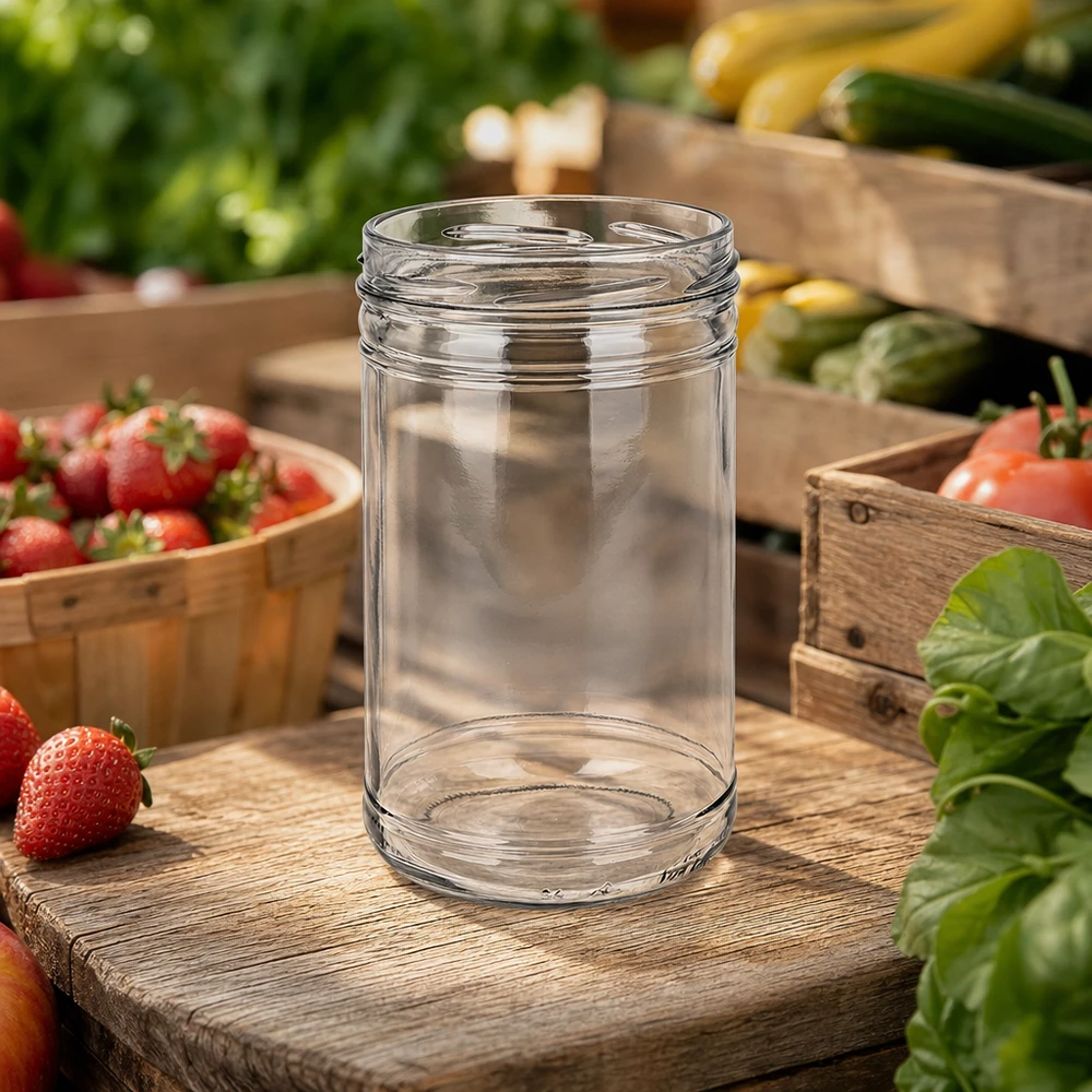UNiTWIST Sturz1053 - Briller med en kapacitet på 1053 ml TO100 UNiTWIST-glas 1053ml TO100 tomt syltetøjsglas mellem friske grøntsager og jordbær på træplade i køkkenet