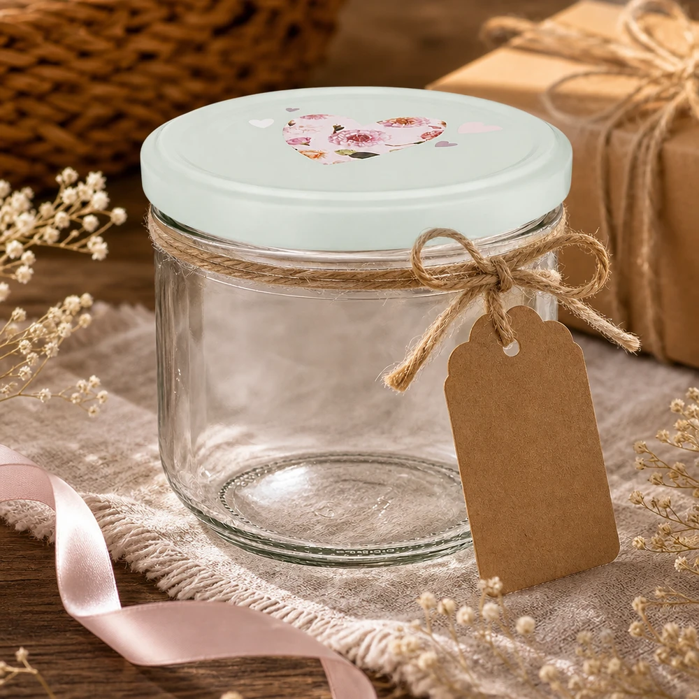 260 ml glas med skrå kant + BasicSeal låg, hjerteformet, mint UNiTWIST 260 ml tomme glas med BasicSeal-låg med hjertemotiv, gaveæske med jutesnor og tag, dekoration