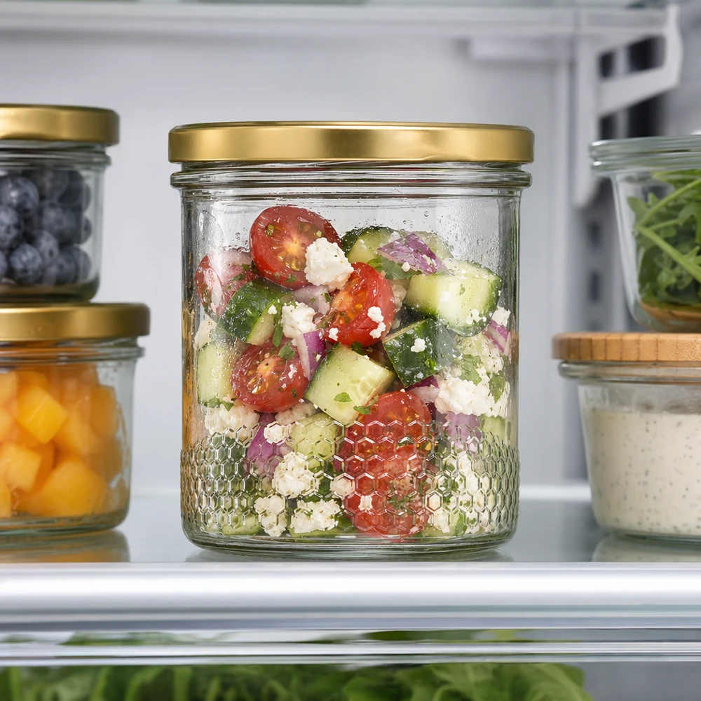 560 g honningglas med gyldent BasicSeal UNiTWIST-låg 400 ml honningkrukke med BasicSeal-låg gold UNiTWIST som salatkrukke i køleskabet fyldt med græsk salat