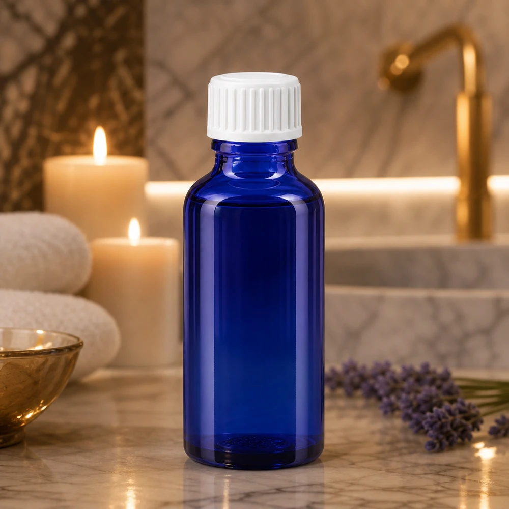Blå glasflaske på 30 ml med hvid skruelåg på marmor ved siden af stearinlys og lavendel