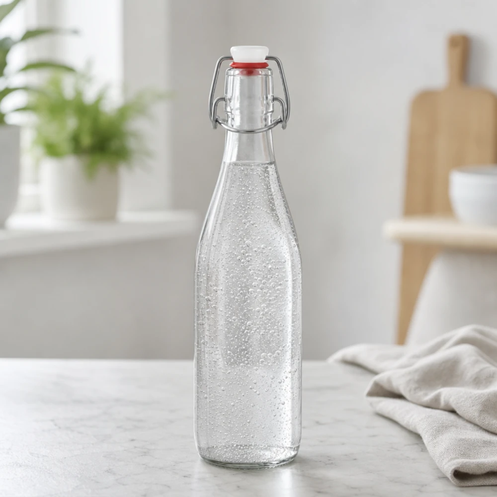500 ml glasflaske og hængelåg i PVC UNiTWIST 500 ml glasflaske med svingtop fyldt med danskvand moderne køkkendrikkeflaske vandflaske med kulsyre