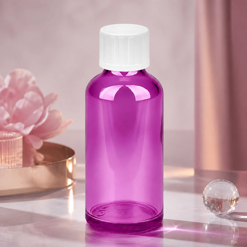 50 ml dråbeflaske 1,2 mm hvid Standard børnesikret PurpleLine.UT18/50 Dråbeflaske 50 ml med 1,2 mm åbning i et elegant lilla look til aromaterapi