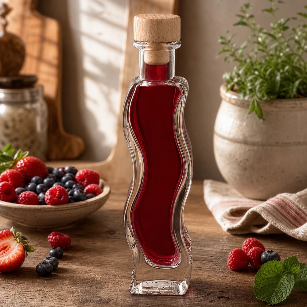 100 ml Glasflaske Melissa med træhåndtag og prop UNiTWIST® 100 ml glasflaske med Melissa fyldt med bærsaft omgivet af friske jordbær hindbær blåbær træprop