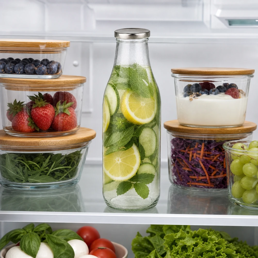 1000 ml glasflaske + BasicSeal-låg sølv UNiTWIST. Absolut lækagesikker med stort TO48-låg. Til mælk, juice og limonade. 1000 ml glasflaske BasicSeal sølv i køleskabet med infuseret vand agurk citron mynte mellem opbevaringsglas