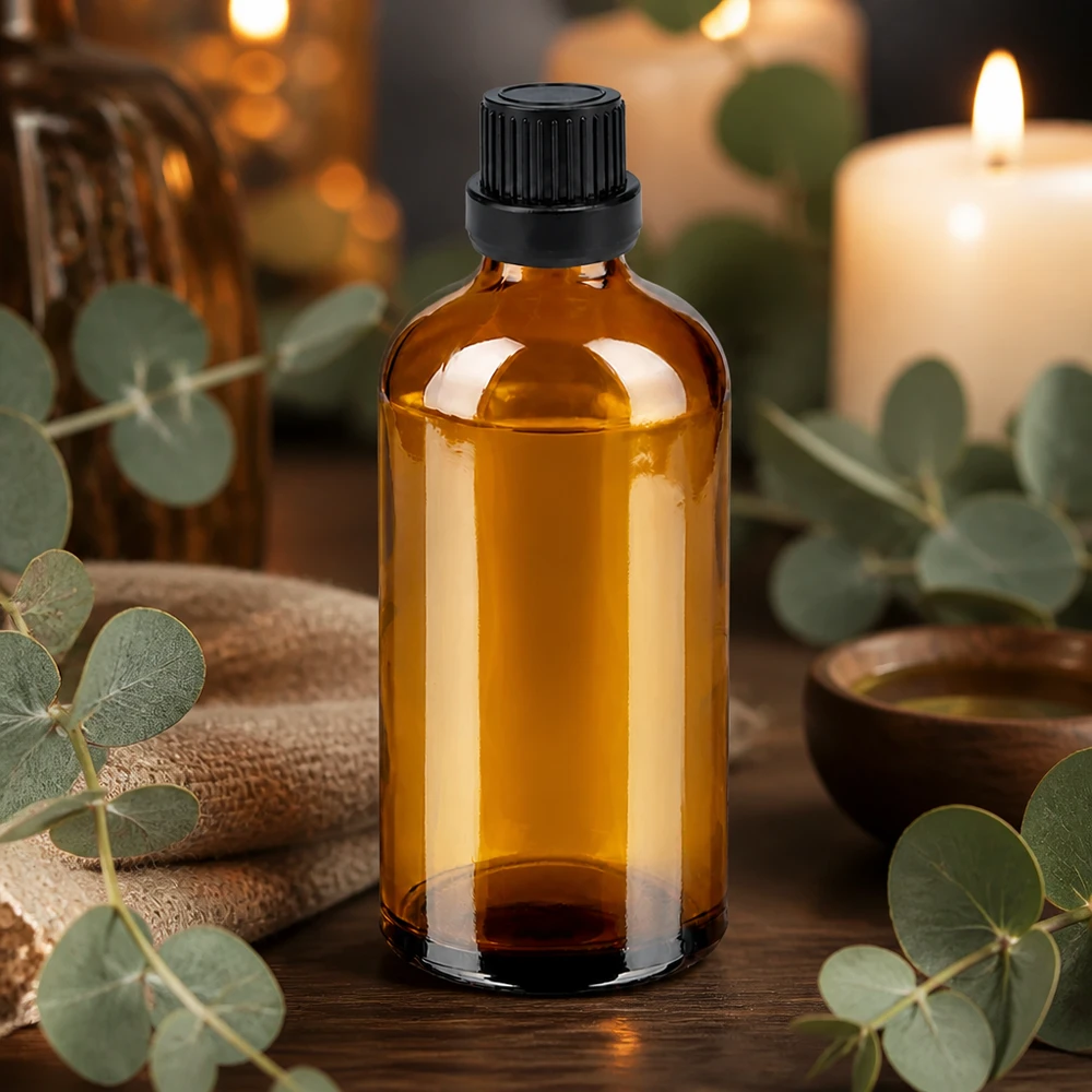 100 ml dråbeflaske 2 mm sort OV BrownLine UT18/100 100 ml ravfarvet glasflaske af høj kvalitet med UV-beskyttelse og sort hætte til aromaterapi
