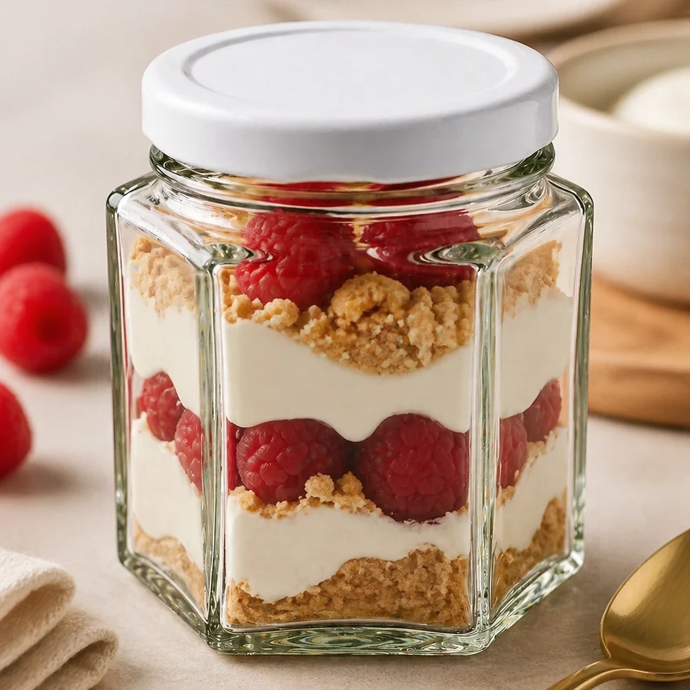 47 ml hexa-krukke med BasicSeal-låg hvid UNiTWIST 47 ml hexa-glas med hvidt BasicSeal-låg som dessertglas fyldt med en lagdelt dessert af bær og fløde