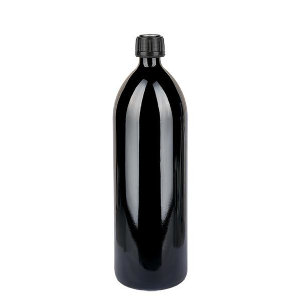 Rund violet glasflaske (vandflaske) 1000 ml, DIN-CET PP28 STD, inkl. sort skruelåg 103575 Rund violet glasflaske (vandflaske) 1000 ml, DIN-CET PP28 STD, inkl. sort skruelåg 103575