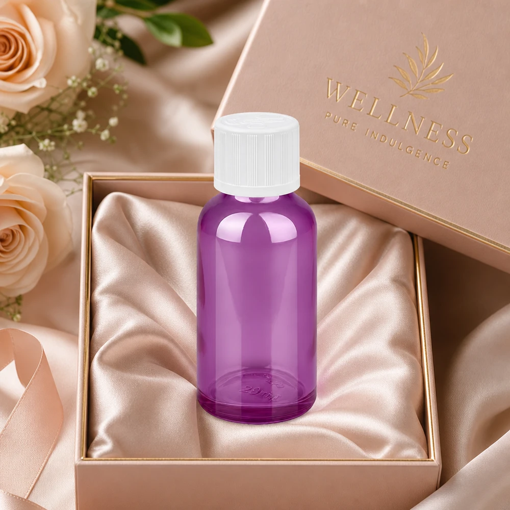 30 ml dråbeflaske 1,2 mm hvid standard børnesikret PurpleLine.UT18/30 Premium wellness-dråbeflaske 30 ml i elegant lilla med finish i høj kvalitet til luksuskosmetik
