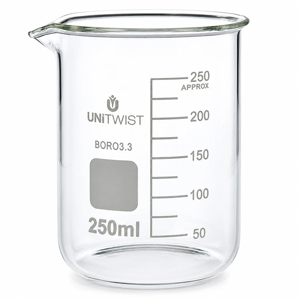 Bæger 250 ml borosilikat, lav form UNiTWIST 250 ml bægerglas af borosilikatglas, lav model UNiTWIST, med milliliterskala op til 250 ml