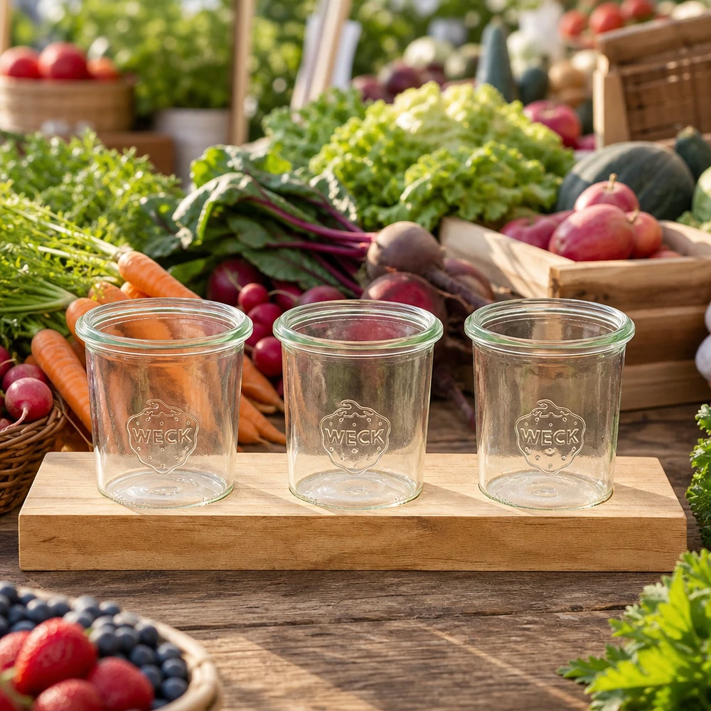 Serveringsbræt Plano3 med 3 Weck-glas med skruelåg, 160 ml Leere Weck Sturzgläser 160ml auf Holzbrett Plano3 zwischen frischem Gemüse auf Marktstand - ideal für Konserven