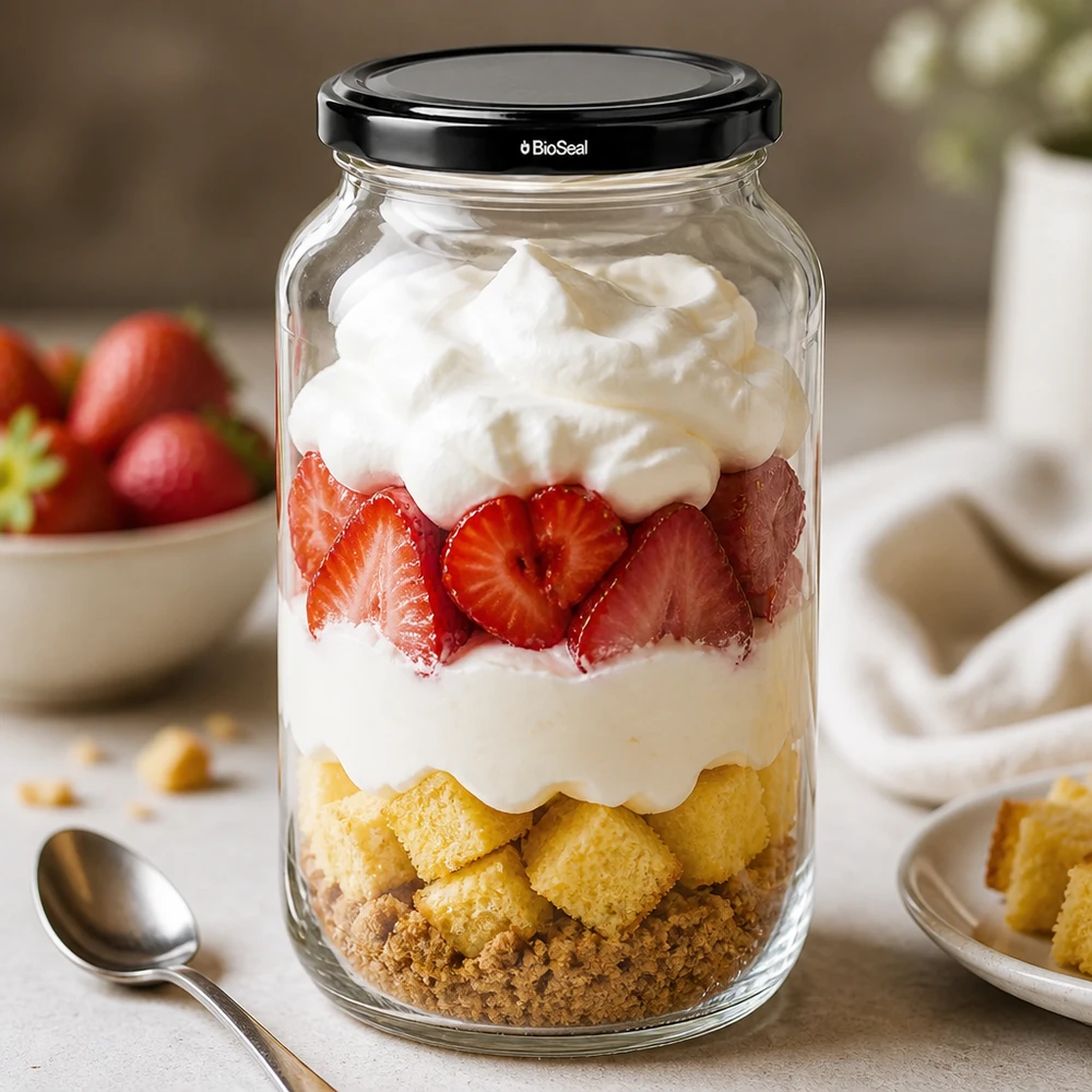 UNiTWIST Runda1062 med sort. Dæk. TO82 BioSeal UNiTWIST Rundglas 1062 mit schwarzem TO82 BioSeal Deckel als Dessertglas mit Erdbeeren und Sahne Schichtdessert