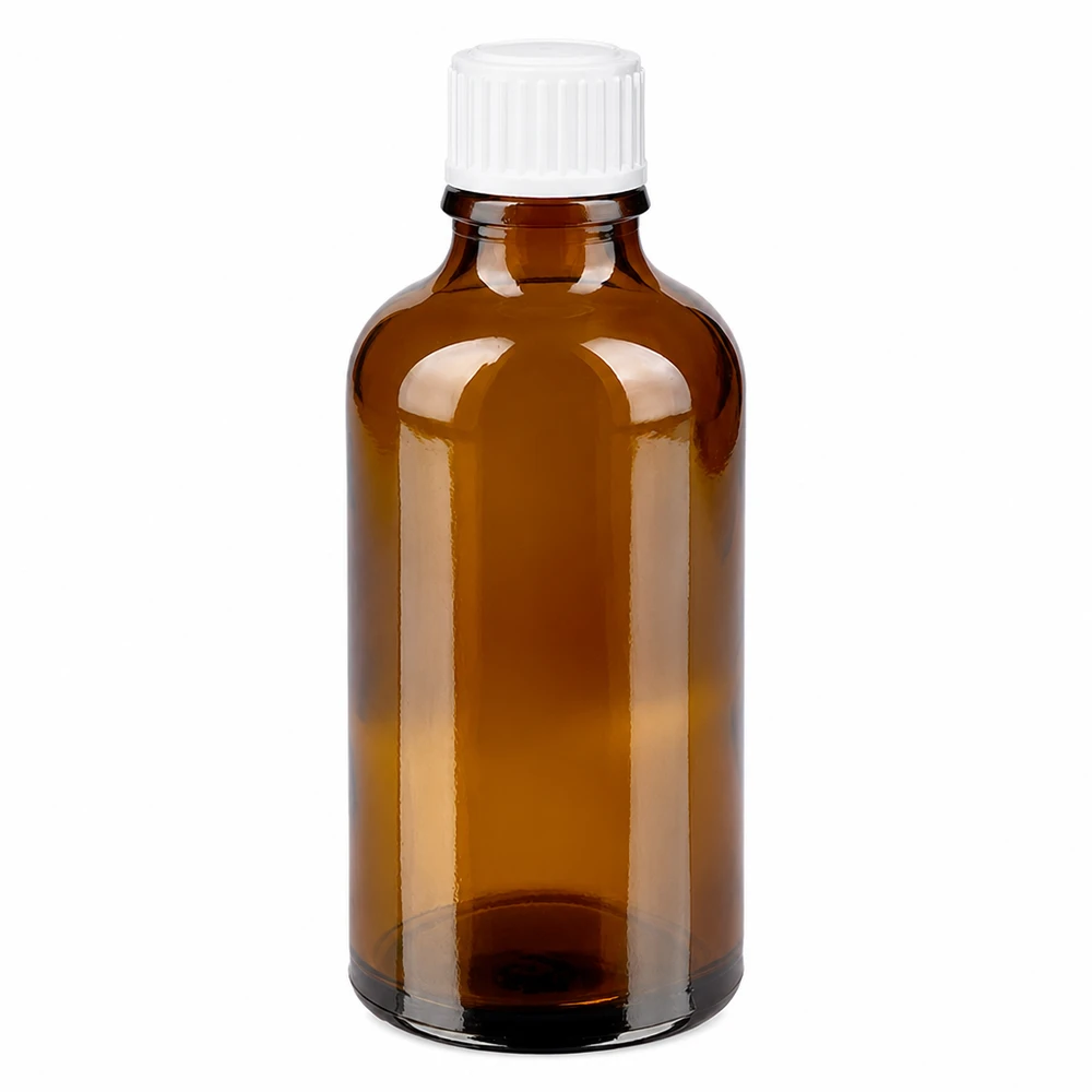 Apoteksflaske brun 50ml skruelåg hvid pc 50 ml brun apotekerflaske af glas med hvid skruelåg, 11 mm