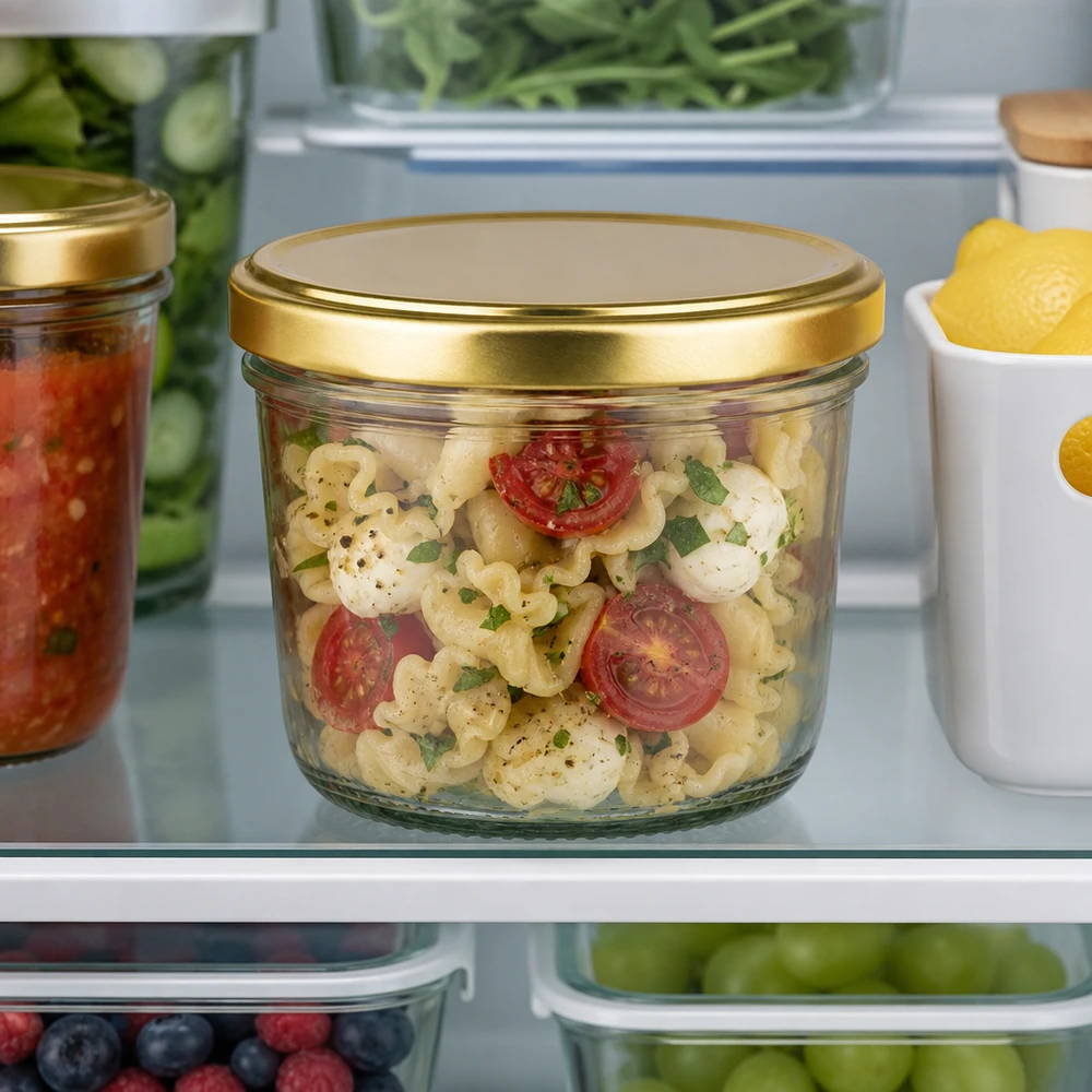 230 ml Briller med BasicSeal-låg guld UNiTWIST 230 ml BasicSeal guldglas i køleskabet fyldt med pastasalat sammen med andre opbevaringsbeholdere
