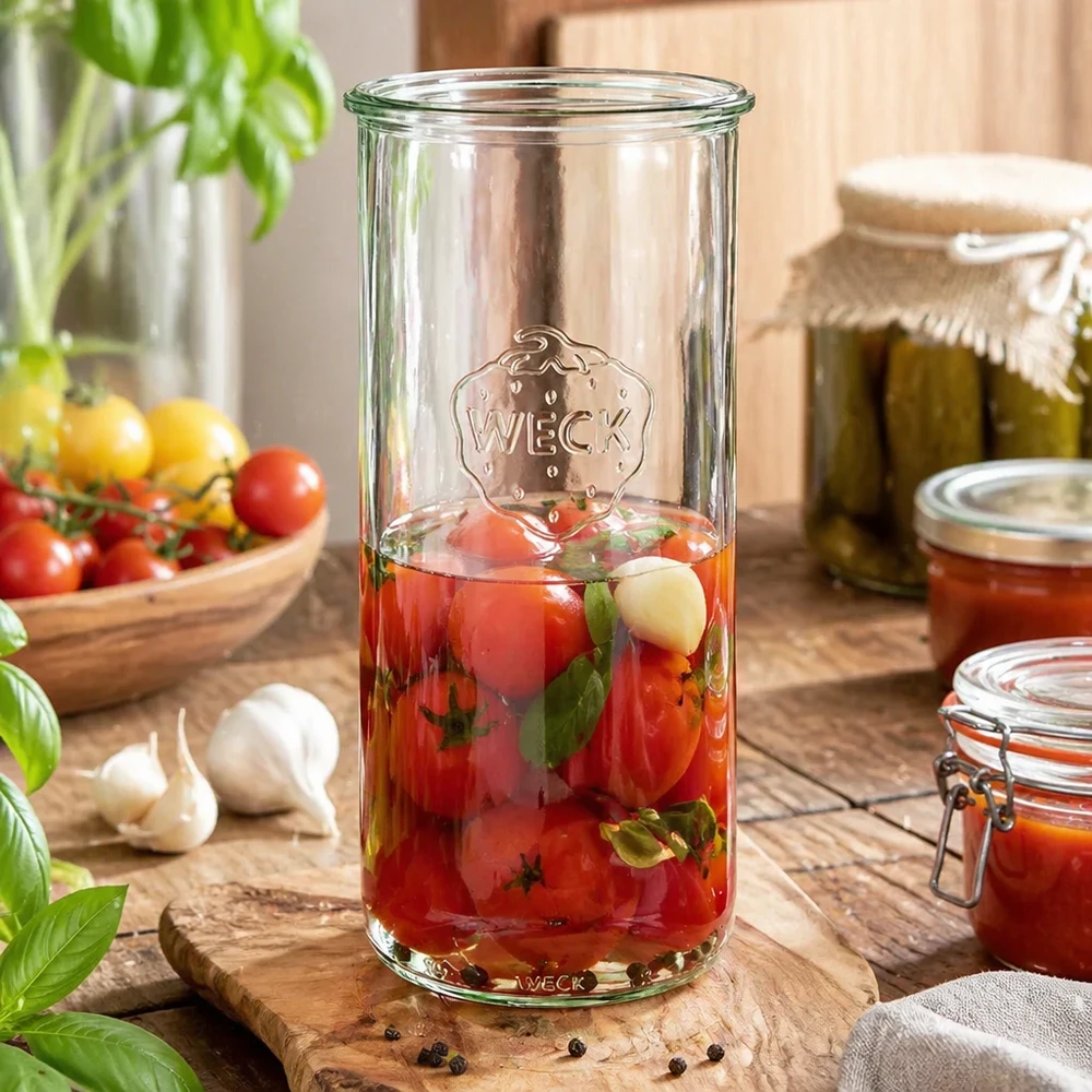 1500 ml WECK RR100-glas med skrå kant 1500 ml WECK RR100 murerbalje med syltede tomater på en træplade, omgivet af friske tomater og syltetøjsglas