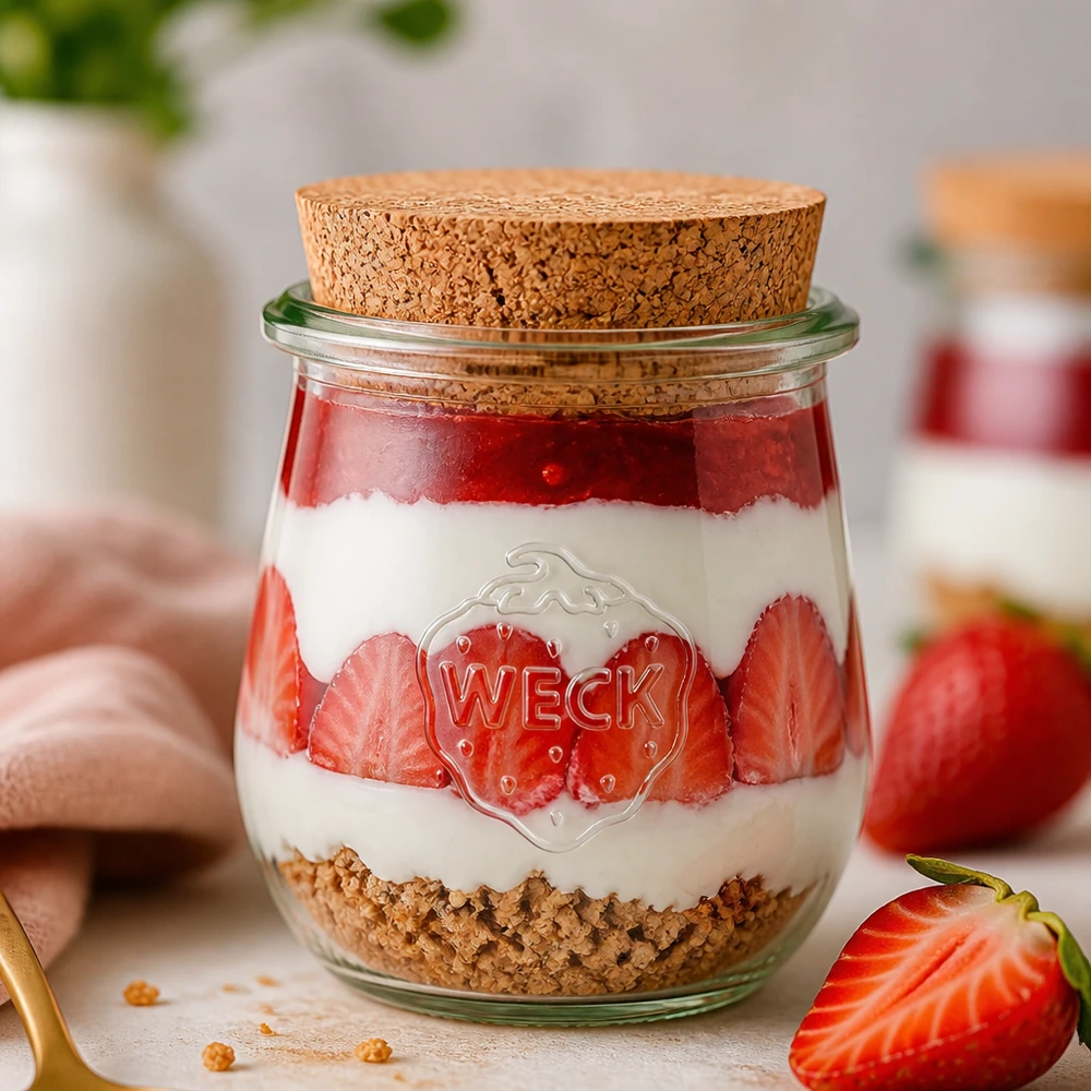 220 ml tulipankrukke WECK RR60 med kork natur WECK Tulpenglas 220ml RR60 mit Korken für Desserts Joghurt und Overnight Oats kreative Küchendeko mit Erdbeeren