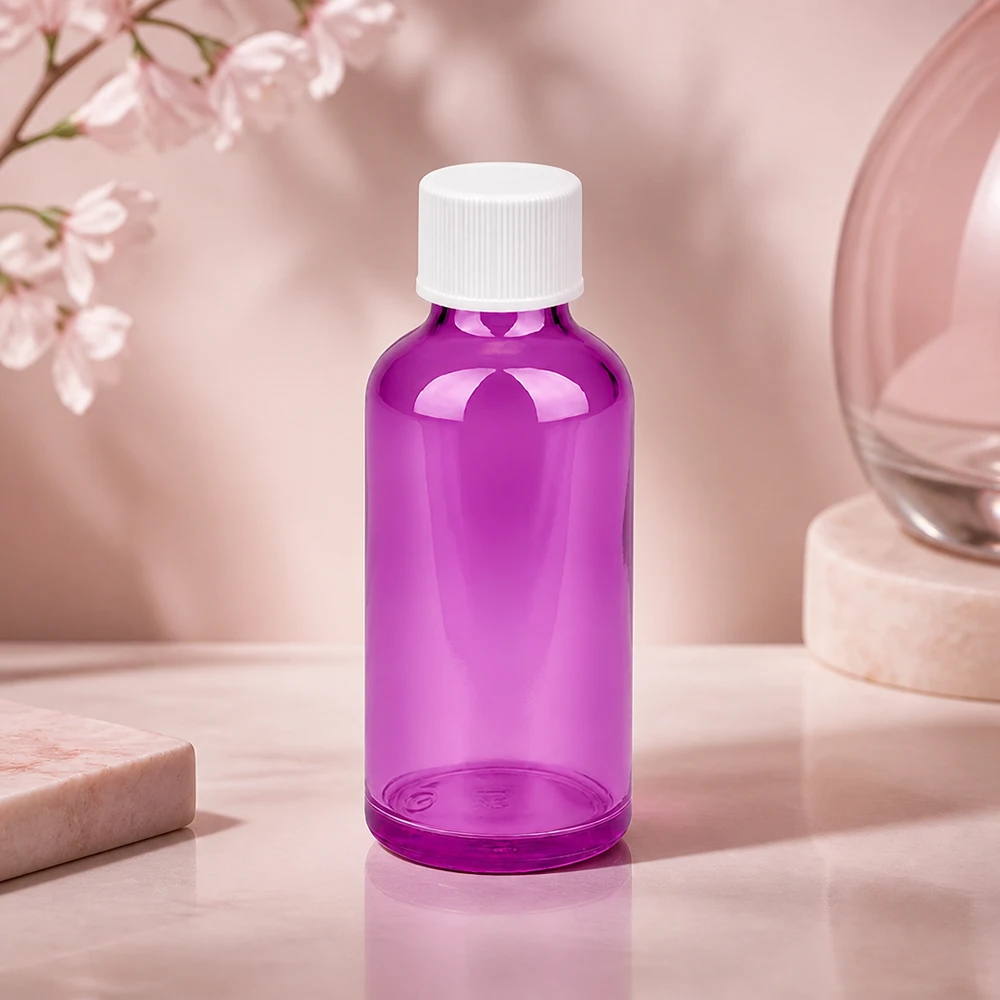 50 ml flaske 11 mm skruelåg hvid standard PurpleLine UT18/50 Elegant 50 ml flaske i PurpleLine-design med hvidt skruelåg til stilfuld produktpræsentation