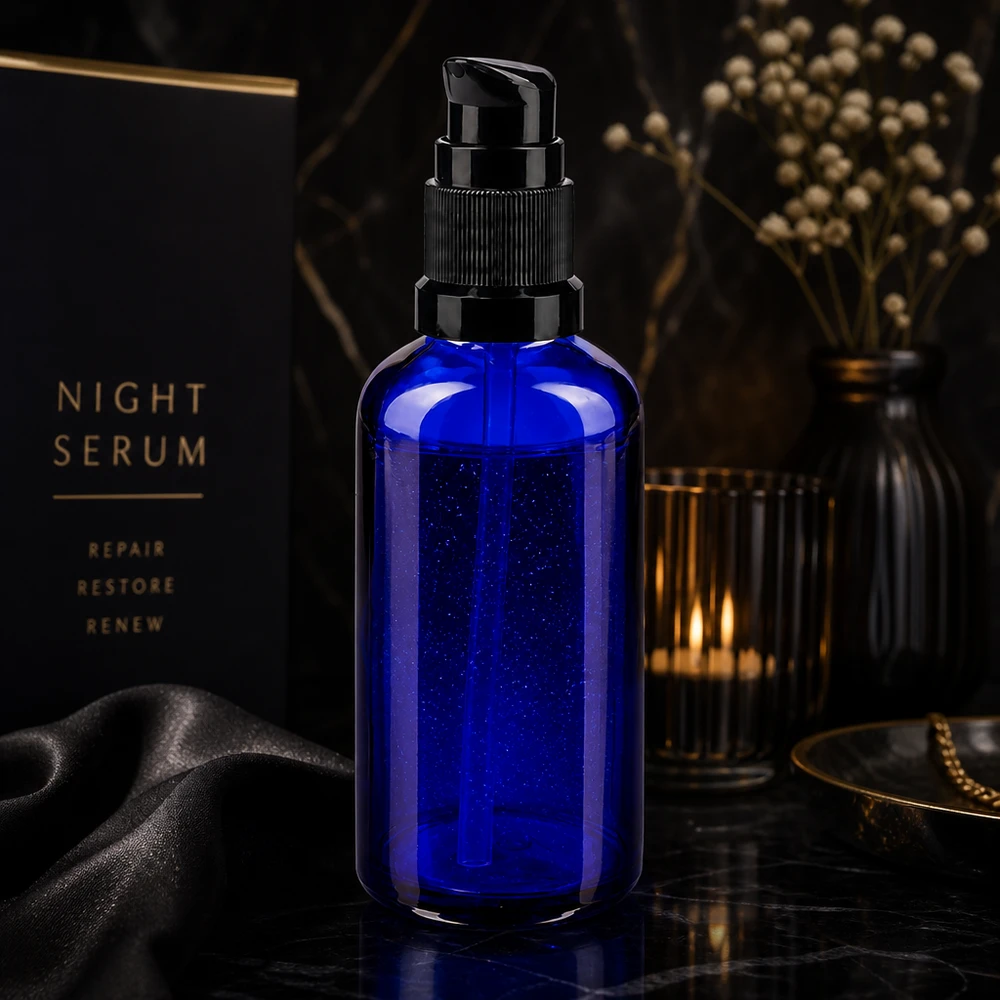 Elegant 50 ml apotekerglasflaske med pumpe i blå med sort doseringshoved til natteserum