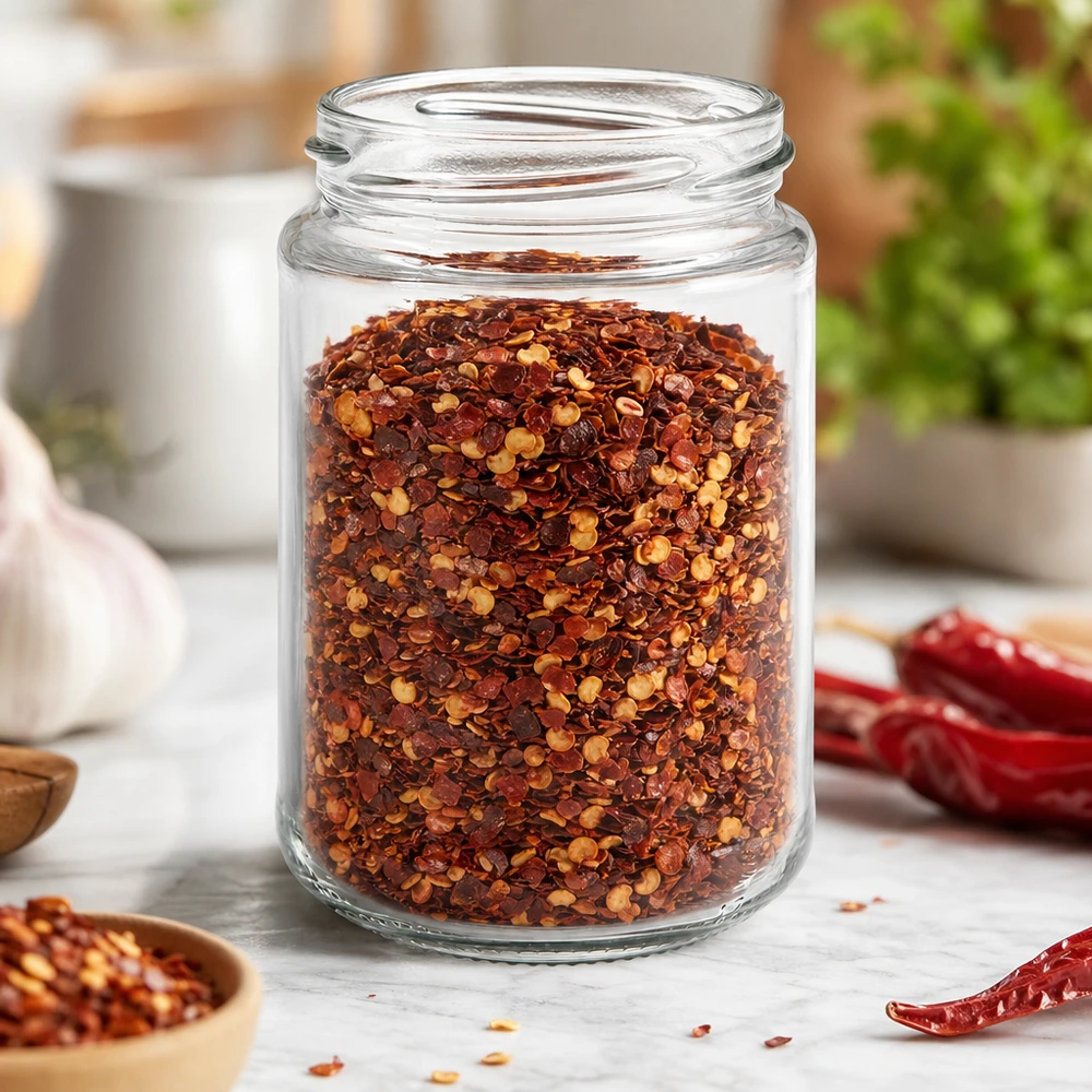 UNiTWIST Runda390 - Rund krukke med en kapacitet på 390 ml TO70 UNiTWIST Runda390 rund krukke 390ml TO70 fyldt med chilikrydderiblanding i køkkenet med chilipeber