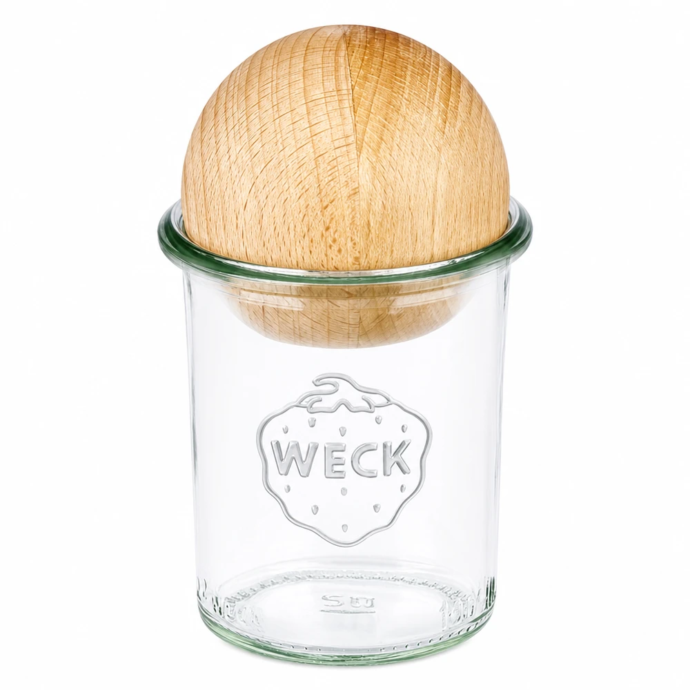 160 ml Briller WECK RR60 med trækugle bøg 160 ml WECK RR60 murerbalje med kuglelåg af bøgetræ, gennemsigtig konserveringskrukke med trælåg