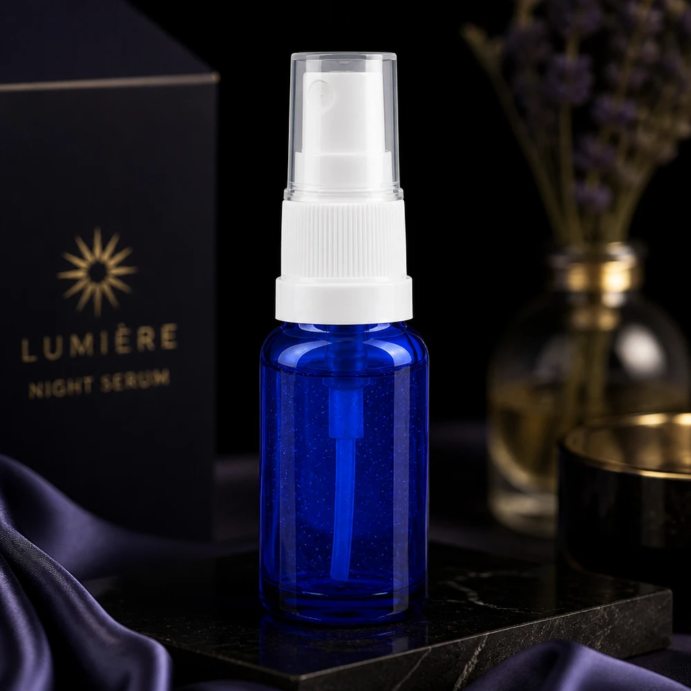 Lille 10 ml sprayflaske af blåt glas med hvidt pumpehoved til serum og kosmetikprodukter