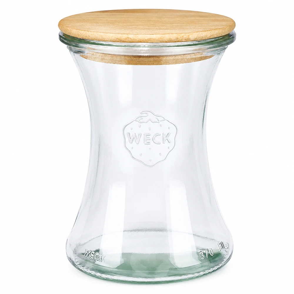 370 ml delikatesseglas WECK RR80 med trælåg WECK delikatesseglas 370 ml RR80 med trælåg lavet af gennemsigtigt glas til konservering og opbevaring