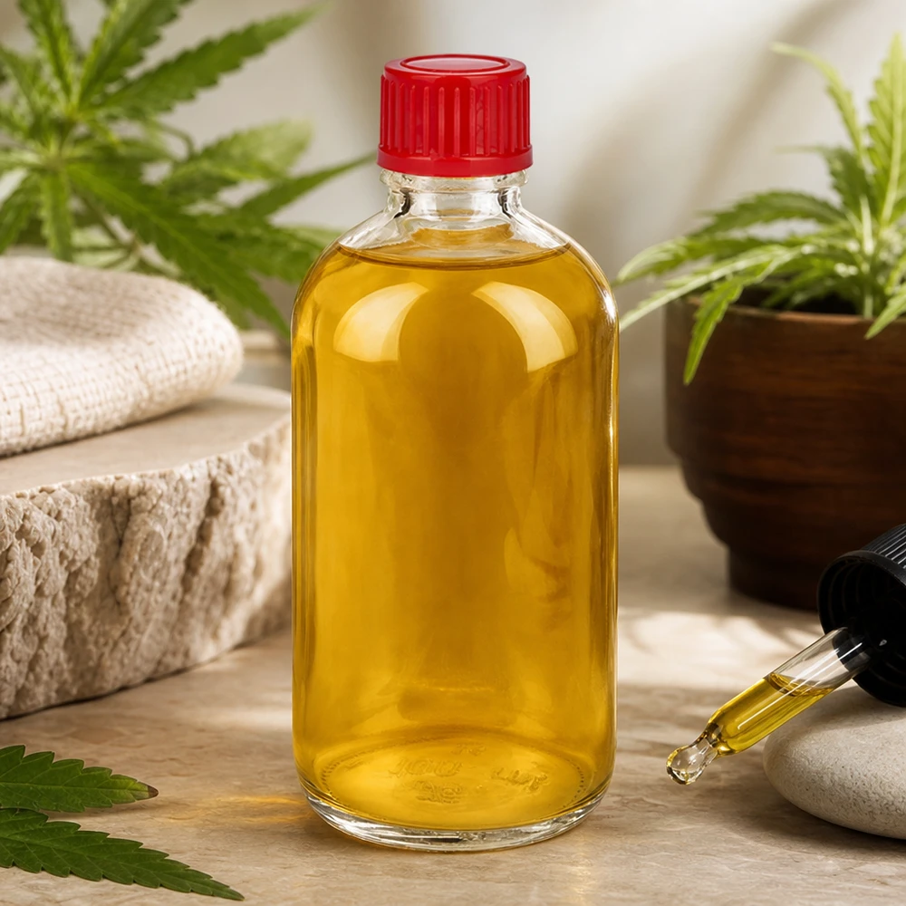 100 ml flaske 11 mm SV rød STD ClearLine UT18/100 CBD-olie i 100 ml klar glasflaske med rødt skruelåg, 11 mm SV ClearLine UT18/100, naturprodukt