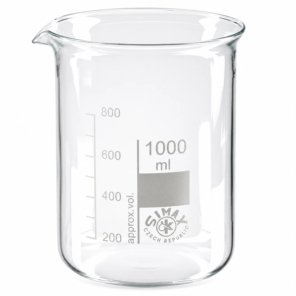 Bægerglas 1000 ml borosilikatglas, lav form Bæger med lav form 1000 ml borosilikatglas med tud til præcist laboratoriearbejde